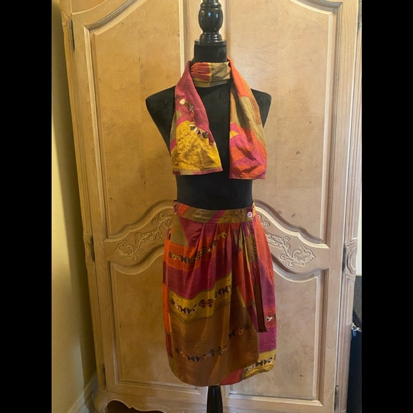 Max Mara multi color silk skirt, wrap style with extra wide belt or scarf. - Picture 4 of 6